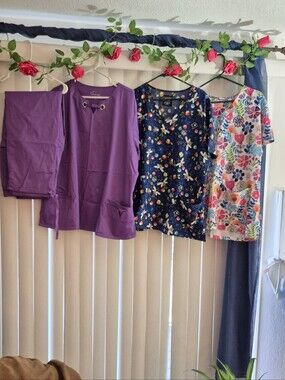 2XL..Set Of 2 Spring/Summer Scrub Tops & 1 Purple Pant And Scrub Top Set